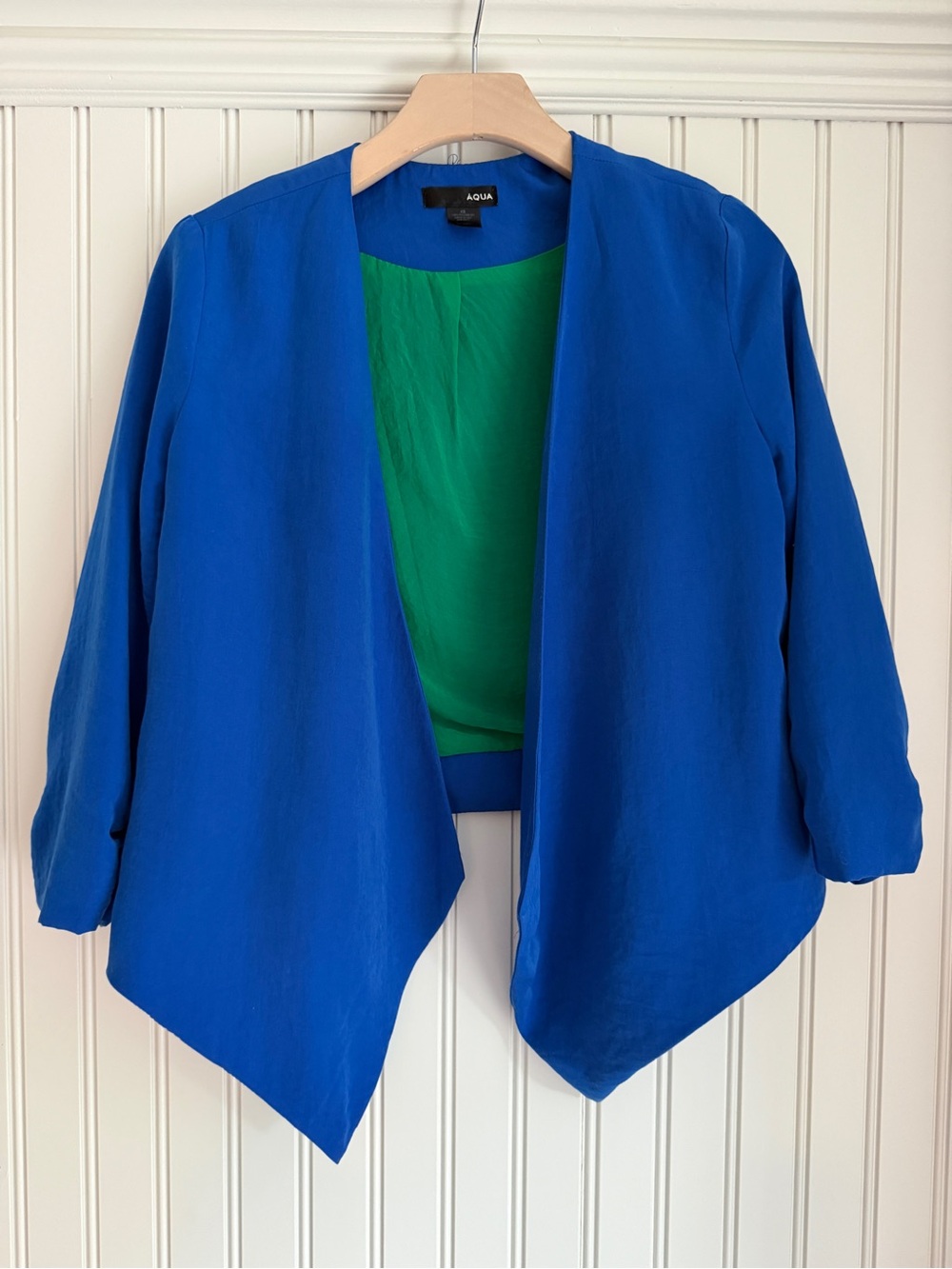 Aqua Bright Blue Open-Front Draped Jacket with Green Lining